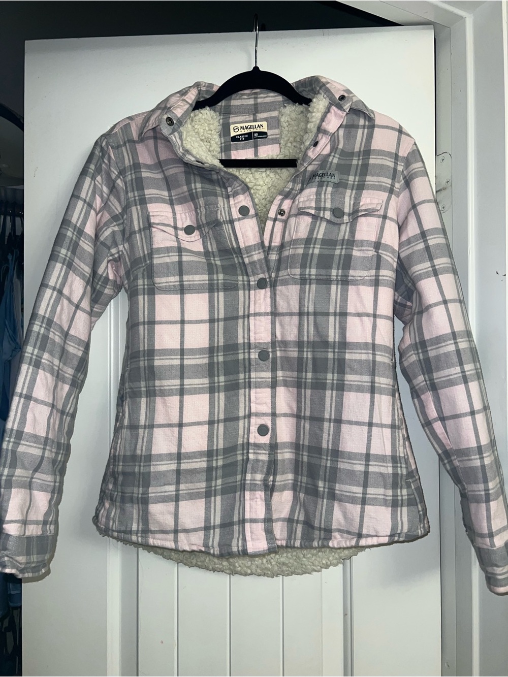 Magellan Outdoors Pink and Gray Plaid Sherpa-Lined Utility Jacket